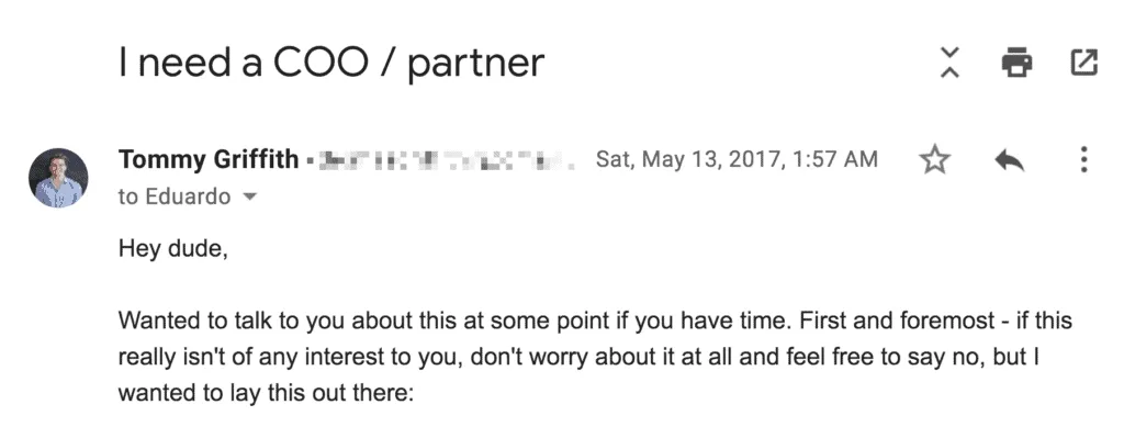 Tommy's email asking Eduardo to help relaunch ClickMinded