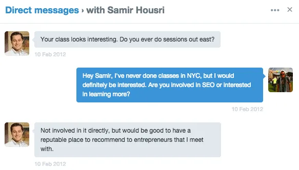 Samir Housri contacting Tommy about a ClickMinded class
